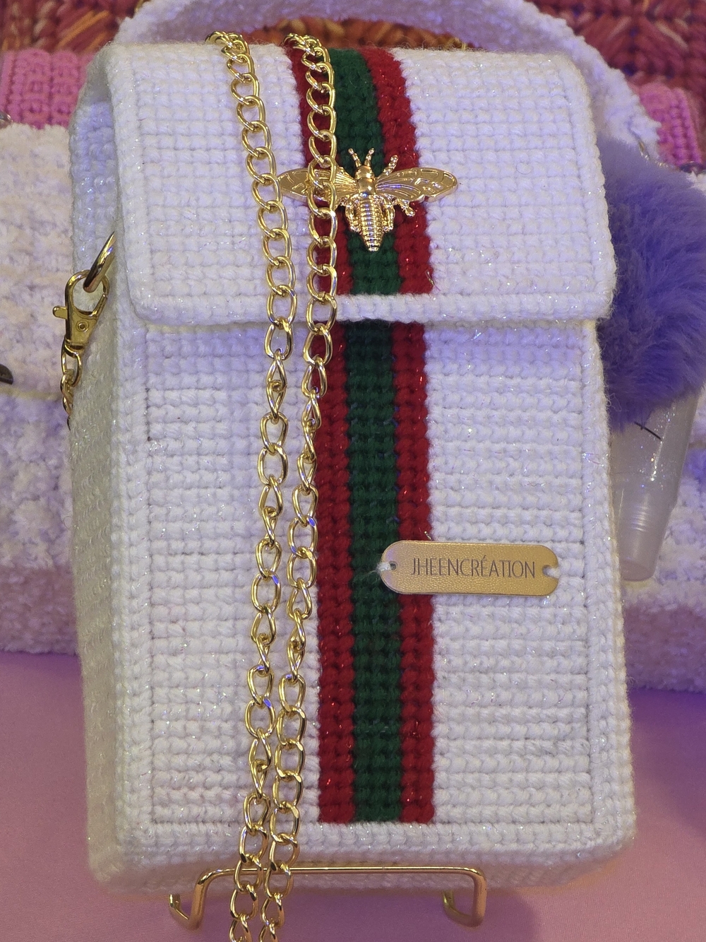 White Crochet Crossbody Bag with Green & Red Stripe and Gold Bee Accent